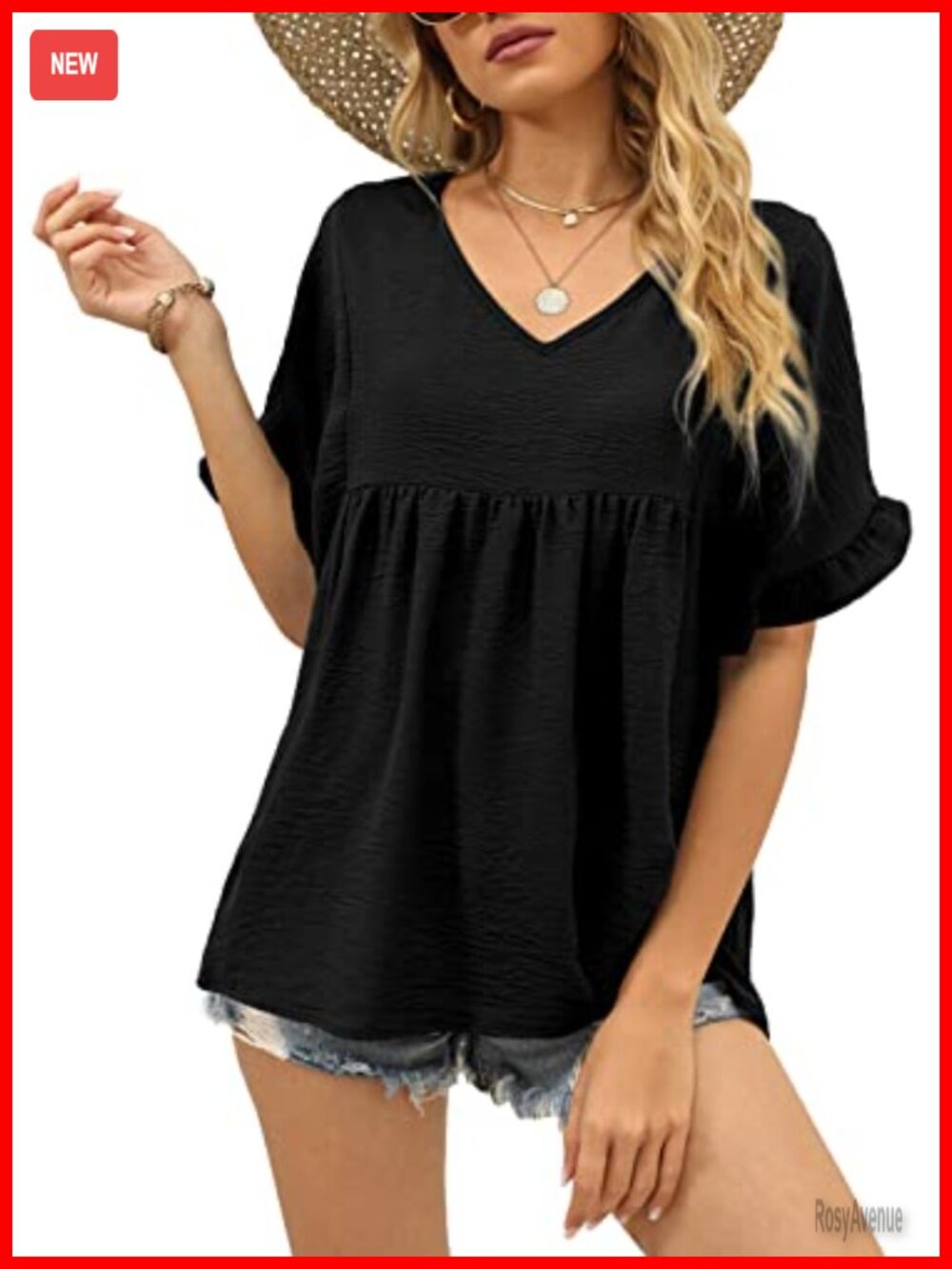 Womens V Neck Ruffle Sleeve Peplum Babydoll Top Loose Fit 100% Polyester